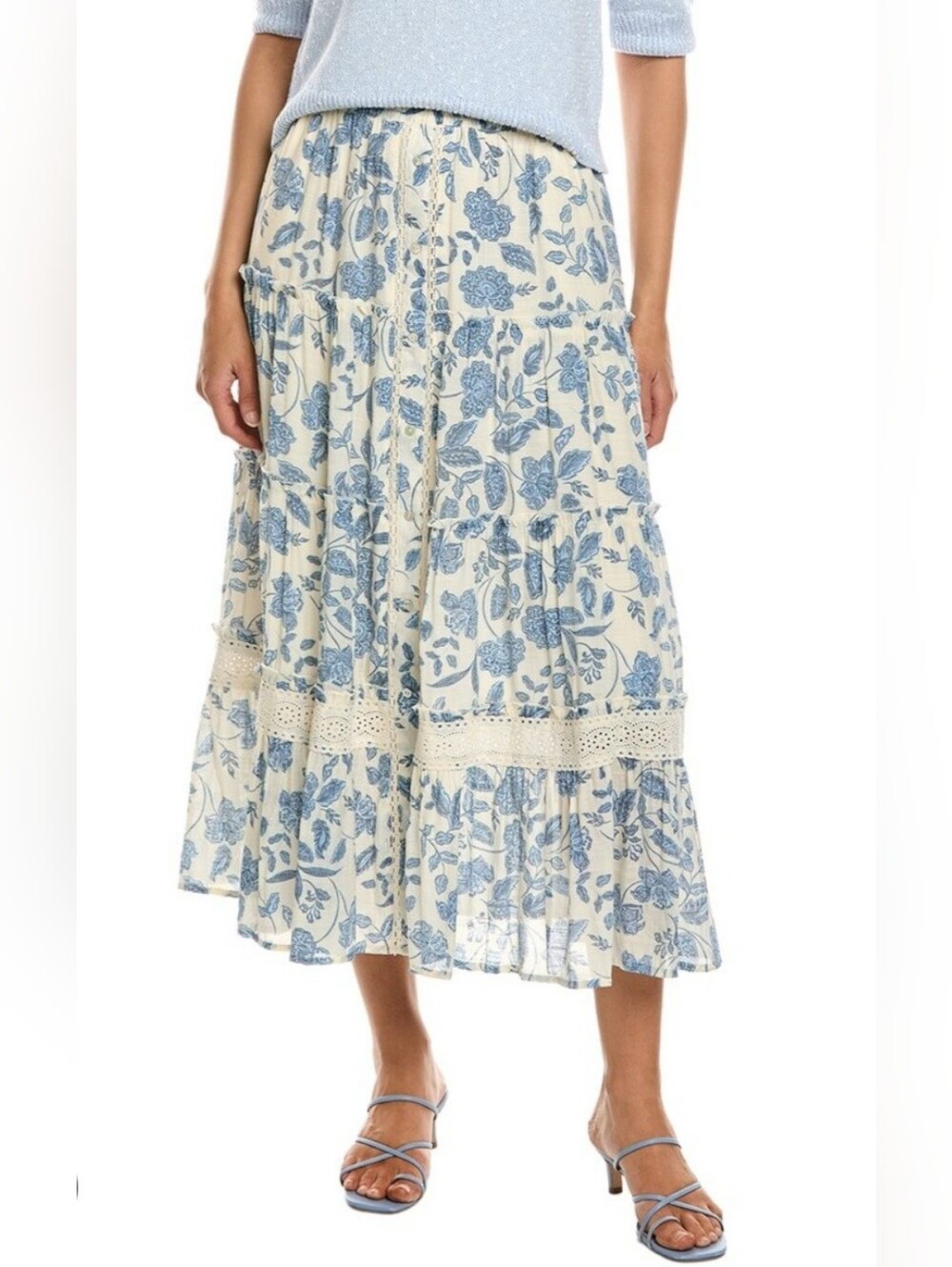 💠 Nanette Lepore Cream Midi Skirt with Blue Floral Print